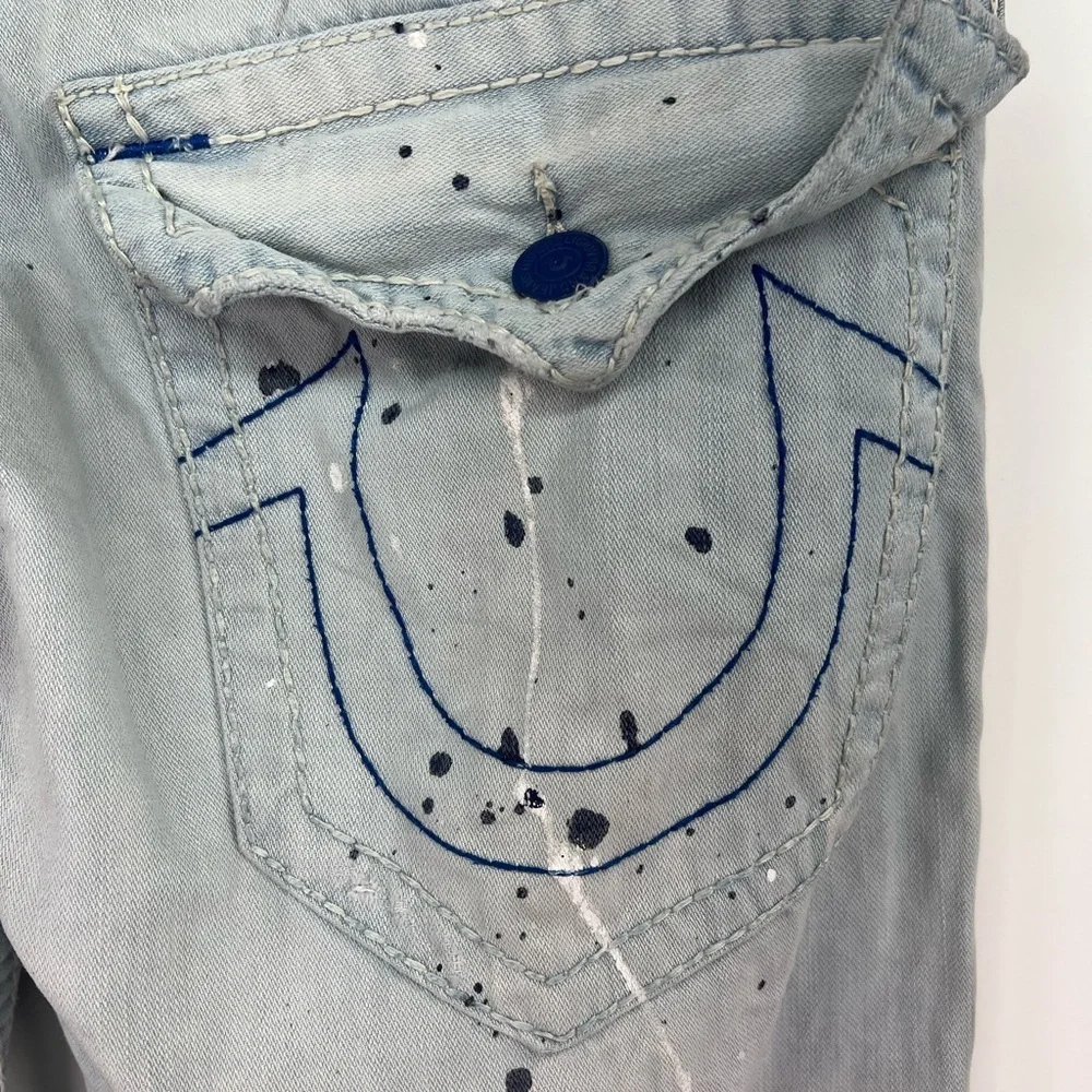 True Religion Light Blue Paint Splatter Acid Wash Straight Leg Jeans 34” x 32”